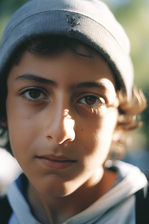 Portrait of a young boy in a cap, close-upの素材