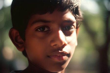 Close-up portrait of a young indian boy in the parkの素材