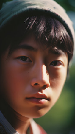 Portrait of a young asian boy in the park outdoor.の素材