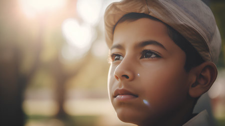Portrait of a boy in a cap on the street. Selective focus.の素材