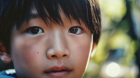 Portrait of asian boy looking at the camera in the parkの素材