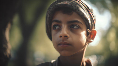 Portrait of a beautiful young indian boy in the park.の素材