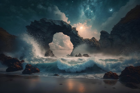 Fantasy landscape with a stone arch in the middle of the oceanの素材