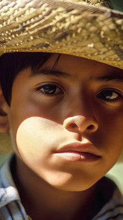 Portrait of a boy in a straw hat, close-upの素材