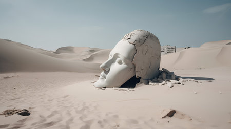 Sculpture of a human skull in the desert. 3d renderingの素材