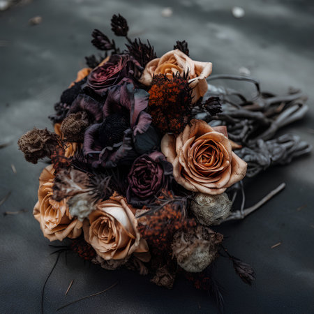 Wedding bouquet of dried flowers on a black background.の素材
