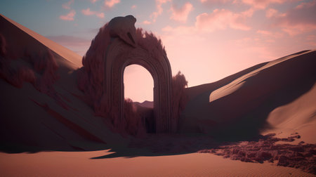 3d render of an arch in the desert with sand and skyの素材