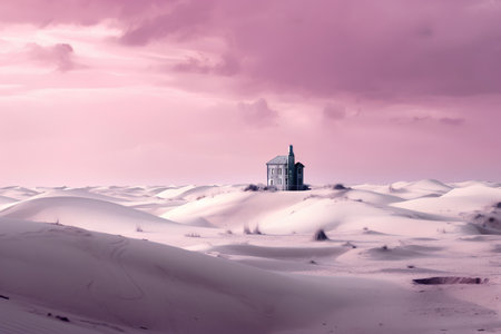 Desert landscape with a church in the middle of the dunesの素材
