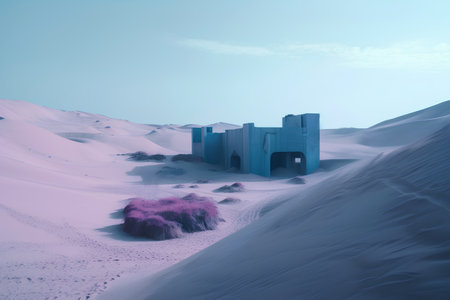 3D render of an abandoned building in the desert with sand dunesの素材