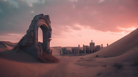 Ruins of an ancient temple in the desert. 3d renderingの素材