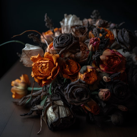 bouquet of dried flowers on a wooden table, dark backgroundの素材
