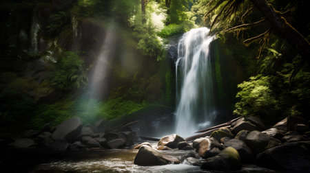 Beautiful waterfall in the rainforest of Mount Rainier National Parkの素材