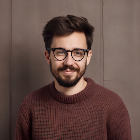 Handsome young man with beard and glasses looking at camera.の素材