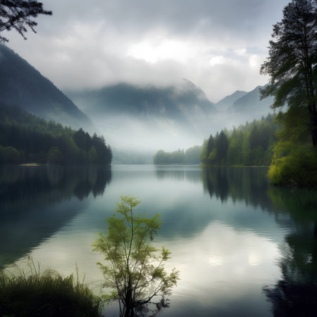 Foggy morning on the lake in the alps, Austriaの素材