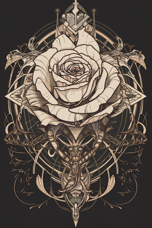 Hand-drawn rose, vector illustration on a black background. Tattoo art.の素材