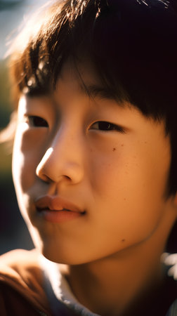 Portrait of a young asian boy in the sunset light.の素材