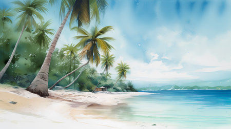 Tropical beach with palm trees. Digital watercolor painting.の素材
