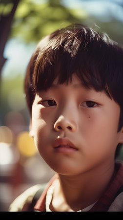 Portrait of a young boy in the park, close-upの素材