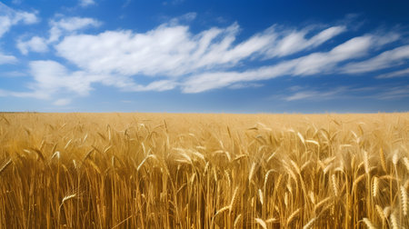 Golden wheat field and blue sky with white clouds, natural background.の素材