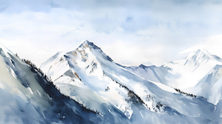 Winter mountain landscape. Watercolor painting on paper. Digital illustration.の素材