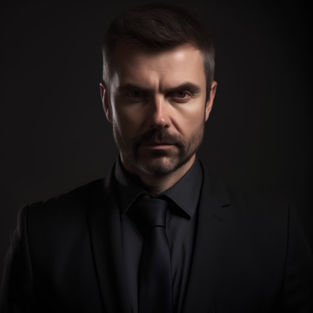 Portrait of a handsome man in a suit on a dark backgroundの素材