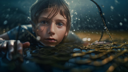 Little boy playing in the rain at night. Child having fun outdoors.の素材