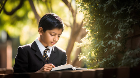 Asian boy reading a book in the park. Education and learning concept.の素材
