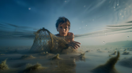 Portrait of a boy in the sea with net. Underwater shot.の素材