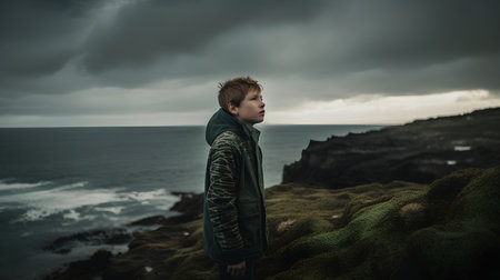 Handsome young man standing on a cliff and looking at the seaの素材