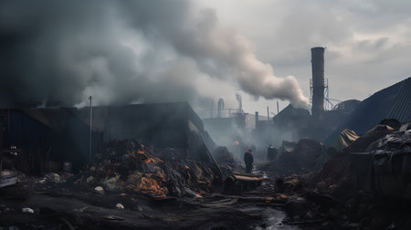 Industrial landscape with heavy smoke from a chimney in a factoryの素材