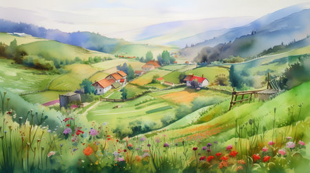Beautiful summer landscape with village in mountains. Watercolor painting.の素材