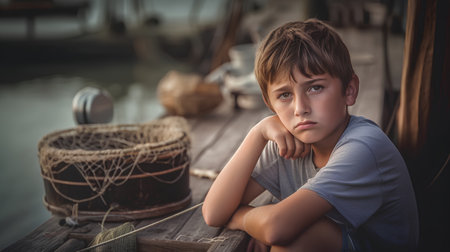Portrait of a sad boy sitting on a boat in the seaの素材