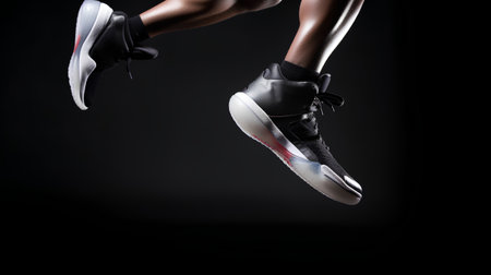 Low section of a woman's legs in sneakers running against black backgroundの素材