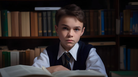 Portrait of a boy in a school uniform reading a book.の素材