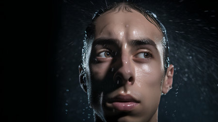 Portrait of a young man under water drops on a black backgroundの素材