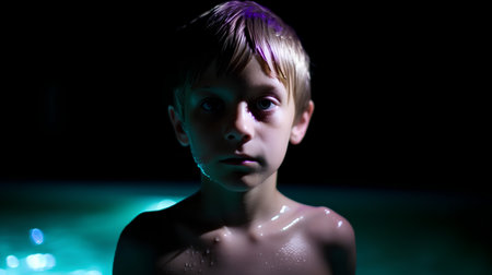Portrait of a boy in the pool with colored lights on a black backgroundの素材