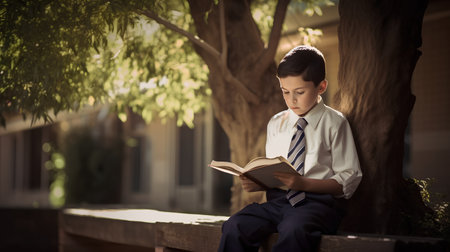 Young boy reading a book in the park, shallow depth of fieldの素材