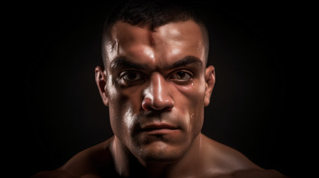 Portrait of a strong muscular man on a black background. Close-up.の素材