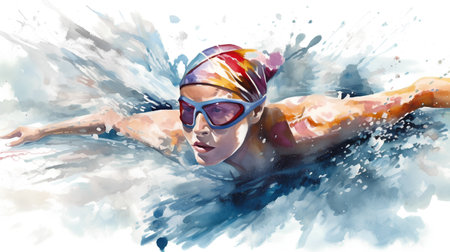 watercolor illustration of a woman swimmer in swimming cap and gogglesの素材
