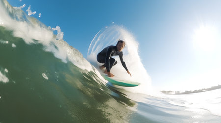 Surfer girl in action on the ocean wave. Surfer girl on the surfboard.の素材
