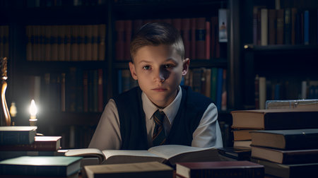 Portrait of a boy in a suit and tie reading a book in the libraryの素材