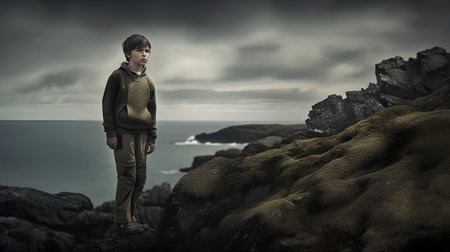 Teenage boy standing on the edge of a cliff by the seaの素材