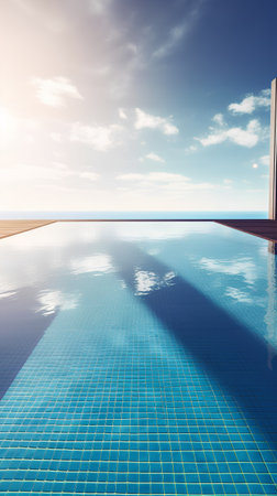 Swimming pool with blue water and sun rays. 3d renderingの素材