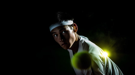 Tennis player in action isolated on black background. Young man in white sportswear playing tennisの素材