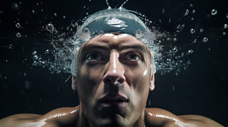 Portrait of a man under water with splashes on his faceの素材