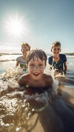 Happy children playing on the beach. Kids having fun on summer vacation.の素材