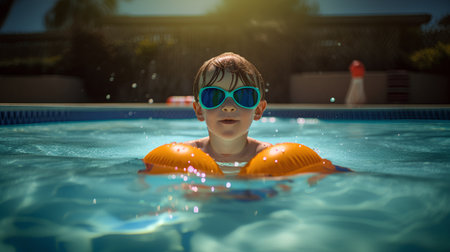 Portrait of little boy in swimming pool. Summer vacation concept.の素材