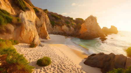 Beautiful seascape with sand dunes and cliffs at sunset, Portugalの素材