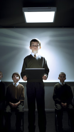 Businessman holding a laptop in front of a group of business peopleの素材