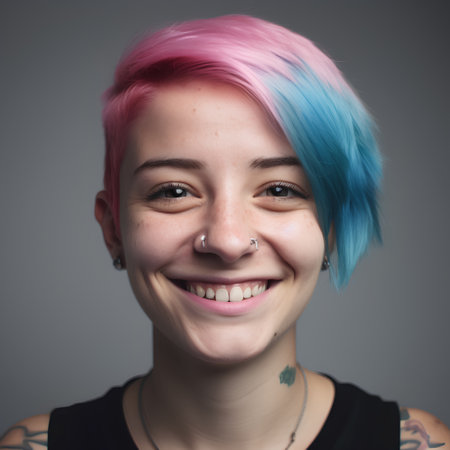 Portrait of a beautiful young woman with short pink hair and blue eyesの素材